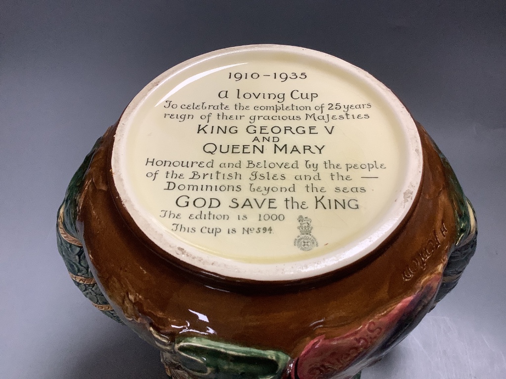 A Royal Doulton two handled loving cup of King George V and Queen Mary, height 26cm